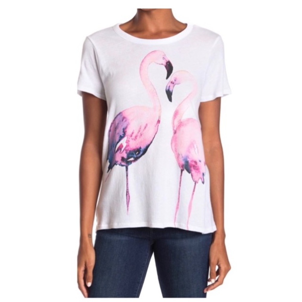 🦋🎯 CHASER 100% Cotton White Tee w Pink Flamingos Graphic Top NWT XS